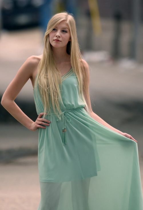 Sun Dresses from Out of the Blue 102 Osborne St--Mint Grecian maxi dress     Price: $79.99 ( also available in lavender), Long V necklace :Price: $24.99,Gold strappy wedges :Price: $134.99  See Threads column- June 08, 2015   (JOE BRYKSA / WINNIPEG FREE PRESS)