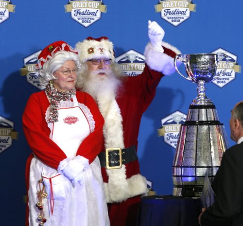 Santa and Mrs.Claus were in attendance at the University of Winnipegs Health & RecPlex Tuesday for the announcement of the 103rd Grey Cup Festival events Nov.25-29 that included the Grey Cup Festival Santa Claus Parade and Parka Party will take place on November 28.  Scott Billeck story. Wayne Glowacki / Winnipeg Free Press June 9 2015