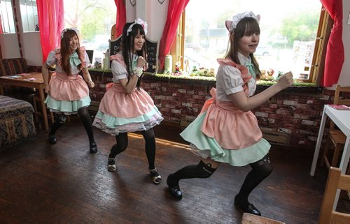 Dwarf no Cachette, a Japanese restaurant that incorporates cos-play, anime and japanese subculture into its offerings. Tuesdays is Maid Cafe day at the restaurant. This is where with a $2.50 ticket you will be served and entertained by the waitresses dressed up in maid costumes. (l-r) Cameron Foy as Melon, Christina Xue as Sakura (Cherry) and Ashley Wakely as Ichigo (Strawberry). 150609 - Tuesday, June 09, 2015 -  MIKE DEAL / WINNIPEG FREE PRESS