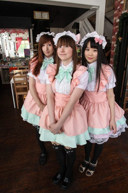 Dwarf no Cachette, a Japanese restaurant that incorporates cos-play, anime and japanese subculture into its offerings. Tuesdays is Maid Cafe day at the restaurant. This is where with a $2.50 ticket you will be served and entertained by the waitresses dressed up in maid costumes. (l-r) Cameron Foy as Melon, Ashley Wakely as Ichigo (Strawberry) and Christina Xue as Sakura (Cherry). 150609 - Tuesday, June 09, 2015 -  MIKE DEAL / WINNIPEG FREE PRESS