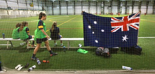 Team Australia raised their banner over the Subway Soccer Field Wednesday and their older more experienced squad showed a "hybrid" Bonivital U14 Girls Premier team the ropes from down under. See Jeff Hamilton's story. June 10, 2015 - (Phil Hossack / Winnipeg Free Press)