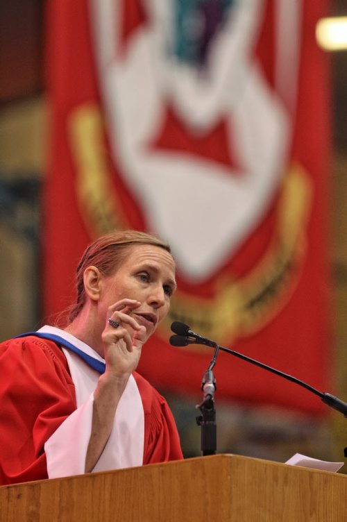 Honorary Doctor of Letters, Miriam Toews, talks to the graduating students during the University of Winnipeg's 105th Spring Convocation  at Duckworth Centre Thursday morning.  150611 June 11, 2015 MIKE DEAL / WINNIPEG FREE PRESS