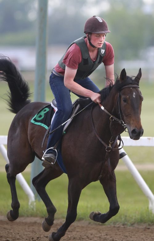 Trainer Cole Bennet rides Super Me on a workout on the track at the Assiniboia Downs Thursday morning. George Williams story. Wayne Glowacki / Winnipeg Free Press June 11 2015