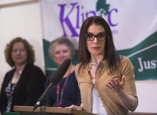 Deanne Crothers, minister of healthy living and seniors, speaks to the community about support for transgendered people at the Klinic Community Health Centre in Winnipeg on Friday, June 12, 2015.  Mikaela MacKenzie / Winnipeg Free Press