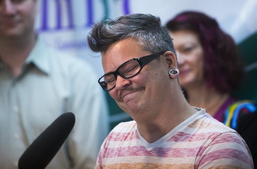 Owen Campbell, transgendered person and Klinic employee, gets emotional while talking about support for transgendered people at the Klinic Community Health Centre in Winnipeg on Friday, June 12, 2015.  Mikaela MacKenzie / Winnipeg Free Press