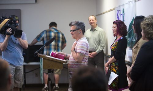 Owen Campbell, transgendered person and Klinic employee, gets emotional while talking about support for transgendered people at the Klinic Community Health Centre in Winnipeg on Friday, June 12, 2015.  Mikaela MacKenzie / Winnipeg Free Press