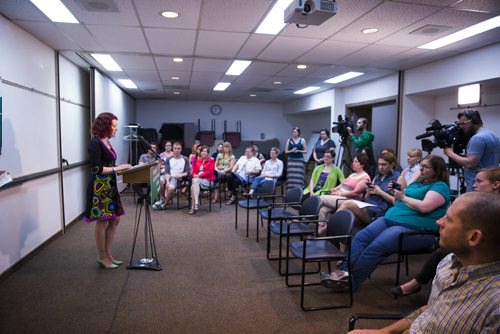 Shoron Blady, MLA for Kirkfield Park, introduces the guest speakers at a talk about support for transgendered people at the Klinic Community Health Centre in Winnipeg on Friday, June 12, 2015.  Mikaela MacKenzie / Winnipeg Free Press