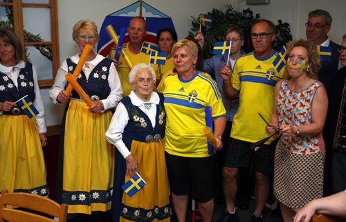 A bunch of Swedish people are at the Scandanavian Cultural Centre at 764 Erin St. Kirbyson story.  Here they do some sort of sporting chant to support the Sweedish team. BORIS MINKEVICH/WINNIPEG FREE PRESS June 12, 2015