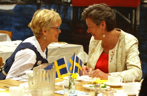 A bunch of Swedish people are at the Scandanavian Cultural Centre at 764 Erin St. Kirbyson story. (L-R) The Swedish Cultural Association of Manitoba past president Sonja Lundström talks to Ylva Johansson, Sweedish government minister of Employment. BORIS MINKEVICH/WINNIPEG FREE PRESS June 12, 2015