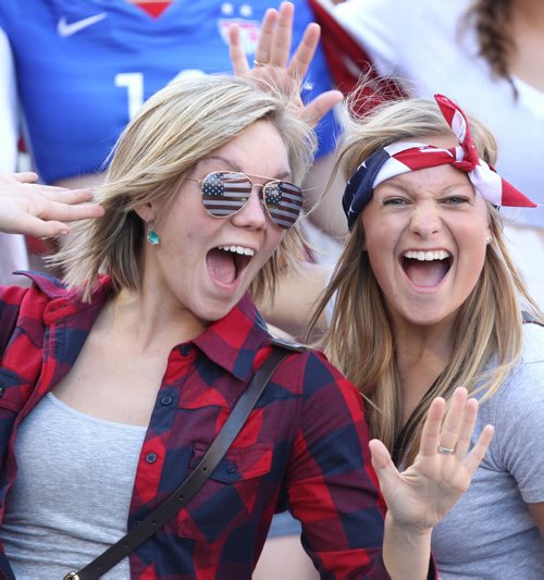 Team USA soccer fans as the wait for the Friday night FIFA Womens World Cup match between USA and Sweden at Investors Group Field Friday night .  See story- June 12, 2015   (JOE BRYKSA / WINNIPEG FREE PRESS)