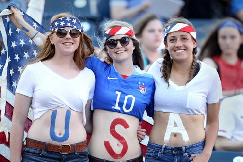 Team USA soccer fans as the wait for the Friday night FIFA Womens World Cup match between USA and Sweden at Investors Group Field Friday night .  See story- June 12, 2015   (JOE BRYKSA / WINNIPEG FREE PRESS)