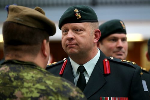Representatives of each of the 13 Army Reserve Units attended a Change of Command Ceremony at Minto Armouries from Colonel Ross Ermel, middle, to Colonel Geoffrey Abthorpe, right, Saturday, June 13, 2015. (TREVOR HAGAN/WINNIPEG FREE PRESS)