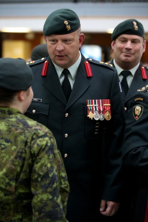 Representatives of each of the 13 Army Reserve Units attended a Change of Command Ceremony at Minto Armouries from Colonel Ross Ermel, left to Colonel Geoffrey Abthorpe, right, Saturday, June 13, 2015. (TREVOR HAGAN/WINNIPEG FREE PRESS)