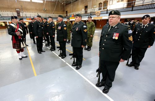 Representatives of each of the 13 Army Reserve Units attended a Change of Command Ceremony at Minto Armouries from Colonel Ross Ermel to Colonel Geoffrey Abthorpe, Saturday, June 13, 2015. (TREVOR HAGAN/WINNIPEG FREE PRESS)