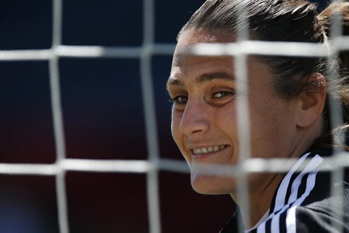 June 14, 2015 - 150614  -  Germany's goalkeeper Nadine Angerer smiles at media during practice in Winnipeg Sunday, June 14, 2015. John Woods / Winnipeg Free Press