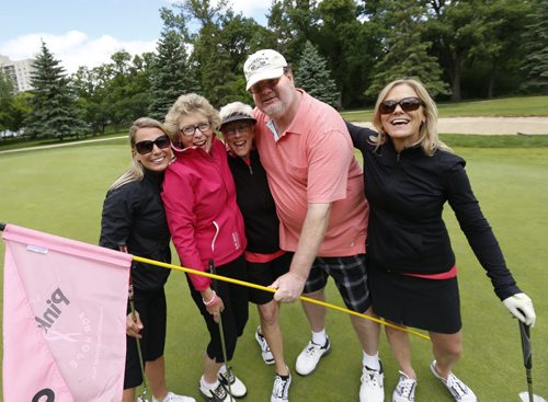Scorekeeper Doug Speirs with his foursome from left Jill Baczynsky, Joan Walton, Dorothy Gauer and Karen Russell during the Pink Ribbon Ladies Golf Classic for Hope at the Niakwa Country Club Monday.   About 160 women golfed in the annual fundraising event for CancerCare Manitobas Breast Cancer Centre of Hope. Wayne Glowacki / Winnipeg Free Press June 15 2015