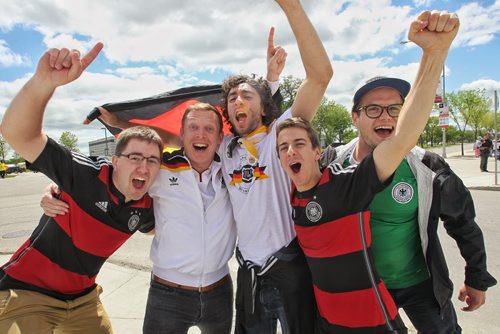 German fans get into the spirit as they approach the entrance to the stadium for the FIFA Women's World Cup match between Germany and Thailand Monday afternoon in Winnipeg.  150615 June 15, 2015 MIKE DEAL / WINNIPEG FREE PRESS