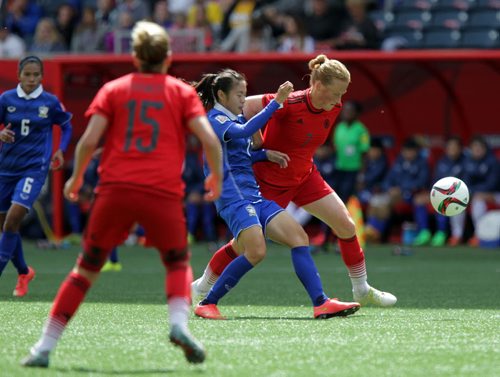 Germany's #7 Melanie Behringer and Thailand 's #7 Silawan Intamee struggle for possession in Monday's FIFA Match at Investors Field in Winnipeg. See story. June 15, 2015 - (Phil Hossack / Winnipeg Free Press)