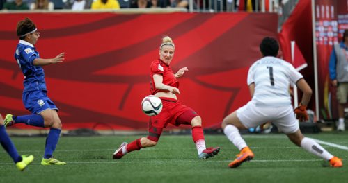 Germany's #11 Ania Mittag takes aim at the Thi net as netminder #1 Waraporn Boonsing braces herself Monday at Investor's Field in FIFA Action. See Story. June 15, 2015 - (Phil Hossack / Winnipeg Free Press)
