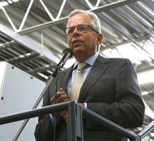 David  Friesen, Friesens Chair of the Board speaks during the ceremony for Friesens new MAN Roland press in Altona, Mb. Tuesday.  Martin Cash story Wayne Glowacki / Winnipeg Free Press June 16  2015