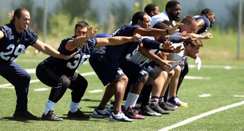 WINNIPEG BLUE BOMBERS WALK THROUGH PRACTICE - Linesmen go through some drills.  BORIS MINKEVICH/WINNIPEG FREE PRESS June 18, 2015