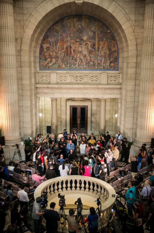 Sixties scoop adoptees, officials and MLAs gather around a drumming circle at the end of a ceremony honouring sixties scoop survivors in the Legislative Building rotunda. June 18, 2015 - MELISSA TAIT / WINNIPEG FREE PRESS