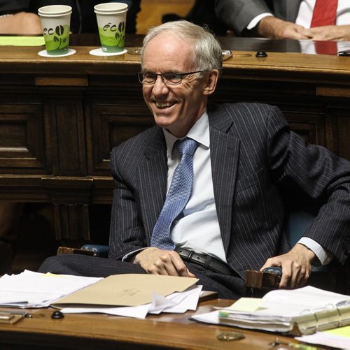 MLA Steve Ashton reacts while Premier Greg Selinger defends him and leader of the opposition skewers him over the $5-million deal to acquire flood-fighting equipment for First Nations. 150618 - Thursday, June 18, 2015 -  MIKE DEAL / WINNIPEG FREE PRESS