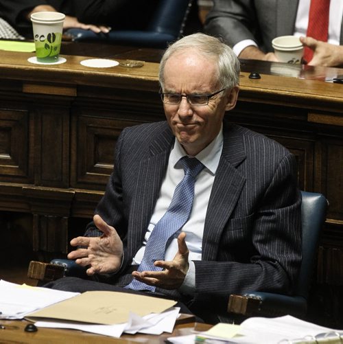 MLA Steve Ashton reacts while Premier Greg Selinger defends him and leader of the opposition skewers him over the $5-million deal to acquire flood-fighting equipment for First Nations. 150618 - Thursday, June 18, 2015 -  MIKE DEAL / WINNIPEG FREE PRESS