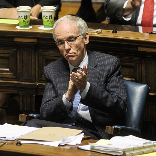 MLA Steve Ashton reacts while Premier Greg Selinger defends him and leader of the opposition skewers him over the $5-million deal to acquire flood-fighting equipment for First Nations. 150618 - Thursday, June 18, 2015 -  MIKE DEAL / WINNIPEG FREE PRESS