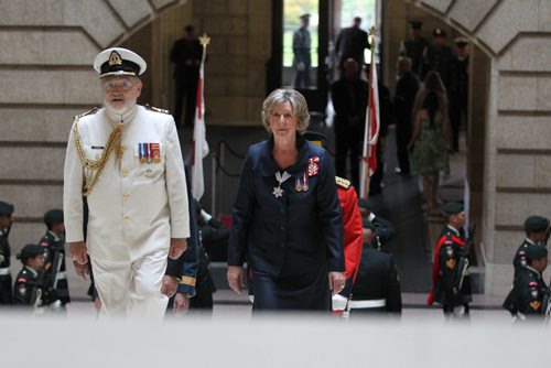 The honourable Janice Filmon, newly appointed as the Lieutenant-Governor of Manitoba,  makes her way up the grand staircase of the Manitoba Legislature Building after inspecting the guards during ceremony Friday.      June 19, 2015 Ruth Bonneville / Winnipeg Free Press