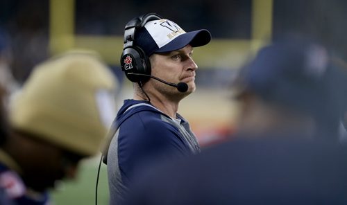 Winnipeg Blue Bombers' head coach Mike O'Shea on the sidelines as the team plays against the Hamilton Tiger-Cats' during preseason CFL action, Friday, June 19, 2015. (TREVOR HAGAN/WINNIPEG FREE PRESS)