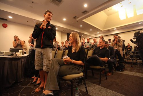 Local Olympic speed skating gold medalist Cindy Klassen, gets a standing ovation from many attending her newser announcing her retirement Saturday morning in Winnipeg. June 20,2015 Ruth Bonneville / Winnipeg Free Press