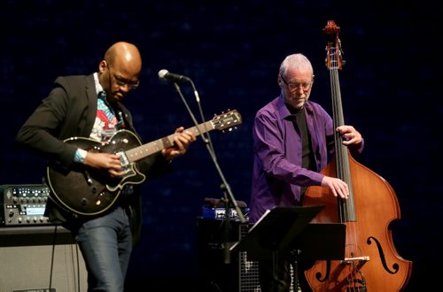 Dave Holland plays the bass, along with Lionel Loueke on guitar, Chris Potter on sax and Eric Harland on drums, at the MTC during Jazz Fest, Saturday, June 20, 2015. (TREVOR HAGAN/WINNIPEG FREE PRESS)