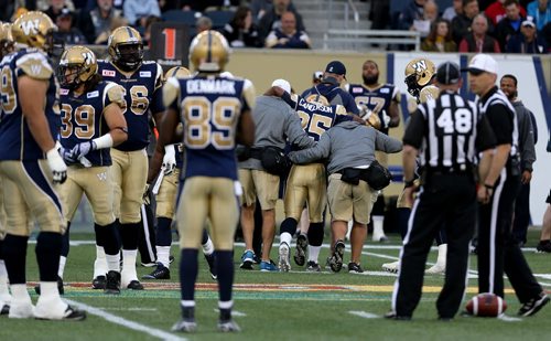 Winnipeg Blue Bombers' Carlos Anderson (35) is helped off the field after inuring his knee against the Hamilton Tiger-Cats'  during preseason action, Saturday, June 19, 2015. He has since been cut by the team. (TREVOR HAGAN/WINNIPEG FREE PRESS)