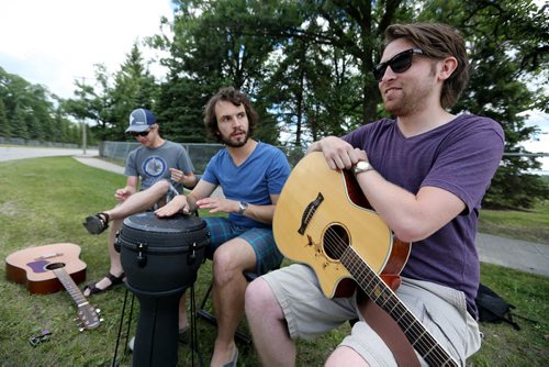 Mike McDermid, Alex Kozub and Jared Adams, Colour by Numbers, performing for participants in the Manitoba Marathon along River Road, Sunday, June 21, 2015. (TREVOR HAGAN/WINNIPEG FREE PRESS)