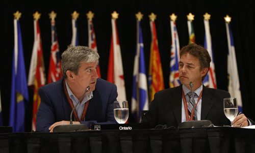 At right, Tom Nevakshonoff, Manitoba Conservation and Water Stewardship Minister and  Ontario Environment and Climate Change Minister Glen Murray at the news conference regarding the  Canadian Council of Ministers of the Environment meeting in Winnipeg.   Mary Agnes Welch / Larry Kusch stories. Wayne Glowacki / Winnipeg Free Press June 23  2015