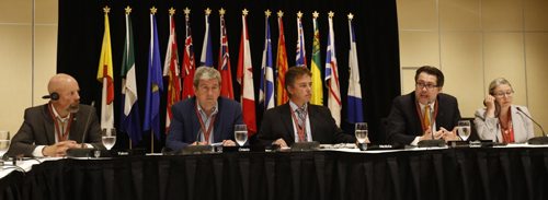 Ministers from left, Wade Istchenko (Yukon), Glen Murray (Ontario), Tom Nevakshonoff (Manitoba), David Heurtel (Quebec) and Mary Polak (British Columbia) at the news conference for Canadian Council of Ministers of the Environment meeting in Winnipeg.   Mary Agnes Welch / Larry Kusch stories. Wayne Glowacki / Winnipeg Free Press June 23  2015