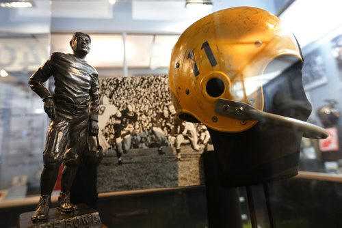 Manitoba Gridiron Greats presented by the Winnipeg Football Club opened Tuesday at the Manitoba Sports Hall of Fame Gallery, Sport for Life Centre at145 Pacific Avenue. The special limited-time exhibit features Manitoba's outstanding football history including former Bomber QB Ken Ploen's Rose Bowl Hall of Fame Trophy and helmet he wore in the Rose Bowl in 1957 prior to playing for the Blue Bombers. Scott Billeck story Wayne Glowacki / Winnipeg Free Press June 23 2015