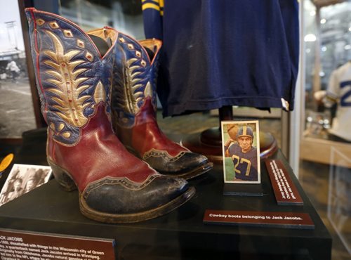 Manitoba Gridiron Greats presented by the Winnipeg Football Club opened Tuesday at the Manitoba Sports Hall of Fame Gallery, Sport for Life Centre at 145 Pacific Avenue. The special limited-time exhibit features Manitoba's outstanding football history including former Bomber QB Jack Jacobs cowboy boots.  Scott Billeck story Wayne Glowacki / Winnipeg Free Press June 23 2015