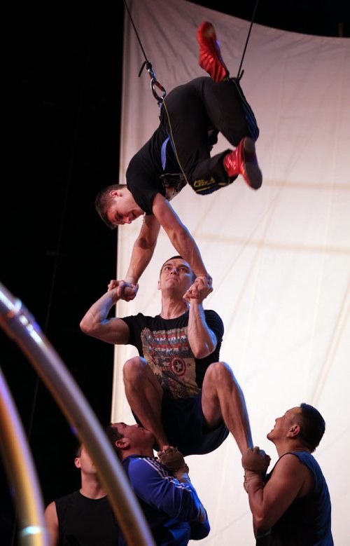 Members of the "Russian Swing Artists" rehears their performance for opening night of Cirque du Soleil 's Varekai performances in Winnipeg. See story. June 24, 2014 / (Phil Hossack / Winnipeg Free Press)