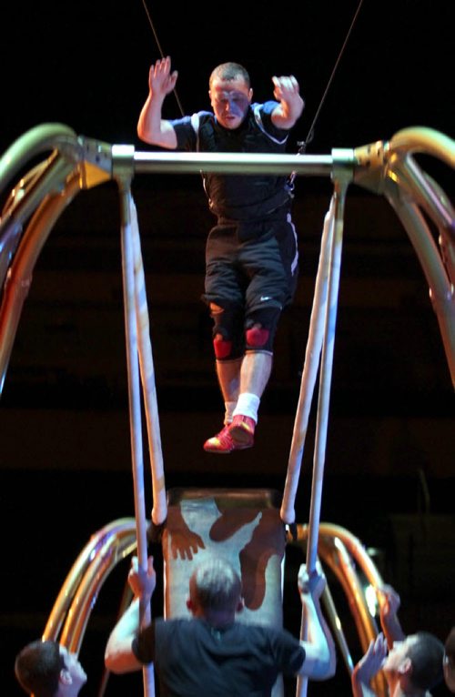 Members of the "Russian Swing Artists" rehears their performance for opening night of Cirque du Soleil 's Varekai performances in Winnipeg. See story. June 24, 2014 / (Phil Hossack / Winnipeg Free Press)