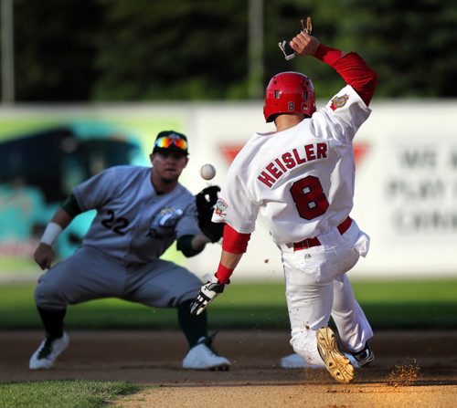 Winnipeg Goldeye Adam Heisler races the ball to second as  Gary Southshore Railcat #22 JD Pulfer looks for the catch Wednesday evening at Shaw Park. Heisler was second against theball. See story. June 22, 2015 (Phil Hossack / Winnipeg Free Press)