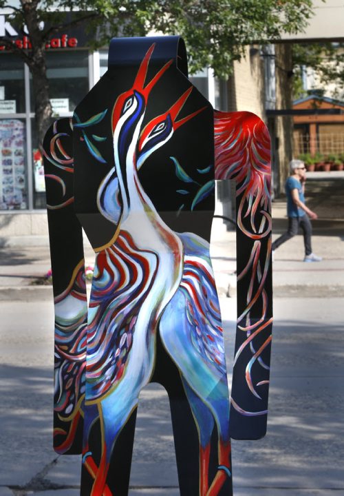 Artists Angela Lillico and Genevie Henderson's street art titled "Japan" one of eight abstract metal figures that represent eight different countries that are part of the Corydon Avenue Biz's  new street art initiative called the Colours of Corydon. This art piece is on Corydon Ave. near Lilac St. Kevin Prokosh story. Wayne Glowacki / Winnipeg Free Press June 26  2015