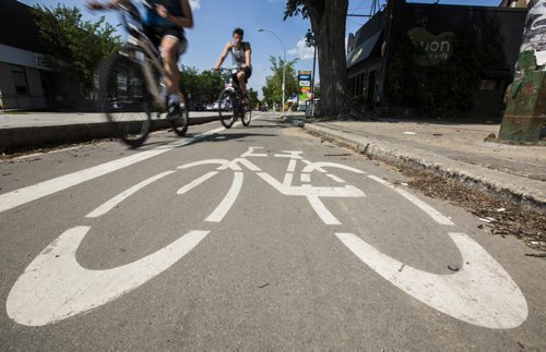 Cyclists use the divided bike lane on Sherbrook in Winnipeg on Friday, June 26, 2015. Mikaela MacKenzie / Winnipeg Free Press