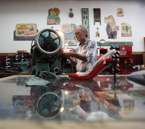 'Neighbourhood Joint'. Feature on iconic spots around the city.  The Leather Patch (shoe repair) at 415 Academy Road - has been there since 1929.  Merv Chyz, owner,  has been working on shoes in this shop for 17 years.   June 27,, 2015 Ruth Bonneville / Winnipeg Free Press