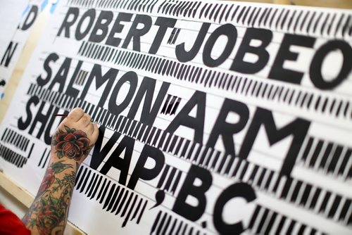Robert Jobe came from Salmon Arm, British Columbia to participate in the workshop. Mike Meyer was brought in to instruct a sign painting workshop at Signmeister, Saturday, June 27, 2015. The art of hand sign painting has been making a resurgence after nearly becoming obsolete due to computers and vinyl. (TREVOR HAGAN/WINNIPEG FREE PRESS)
