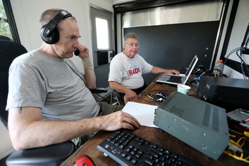 John Erwin and Jack Parker at CMU. The Winnipeg Amateur Radio Club holding a Field Day, part of a continent-wide exercise to demonstrate emergency communications ability, Sunday, June 28, 2015. (TREVOR HAGAN/WINNIPEG FREE PRESS) See kelly taylor for more info. he's a member. was there.