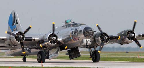 A B-17 WWII Bomber arrives at James A Richardson International airport in Winnipeg Monday morning- It and a B-25 will be on display today from 1 PM- 530 PM at the Royal Aviation Museum of Western Canada- June 30- July 05 viewing will be from 930 AM- 530 PM-    Standup Photo- June 29, 2015   (JOE BRYKSA / WINNIPEG FREE PRESS)