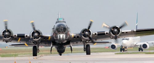 A B-17 WWII Bomber arrives at James A Richardson International airport in Winnipeg Monday morning- It and a B-25 will be on display today from 1 PM- 530 PM at the Royal Aviation Museum of Western Canada- June 30- July 05 viewing will be from 930 AM- 530 PM-    Standup Photo- June 29, 2015   (JOE BRYKSA / WINNIPEG FREE PRESS)