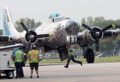 A B-17 WWII Bomber arrives at James A Richardson International airport in Winnipeg Monday morning- It and a B-25 will be on display today from 1 PM- 530 PM at the Royal Aviation Museum of Western Canada- June 30- July 05 viewing will be from 930 AM- 530 PM-    Standup Photo- June 29, 2015   (JOE BRYKSA / WINNIPEG FREE PRESS)